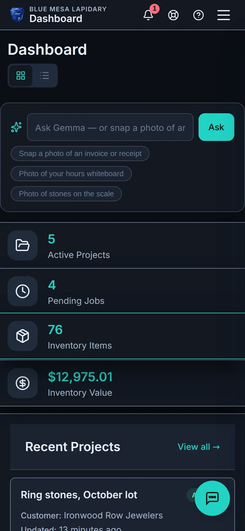 La dashboard di Facetz su un telefono.