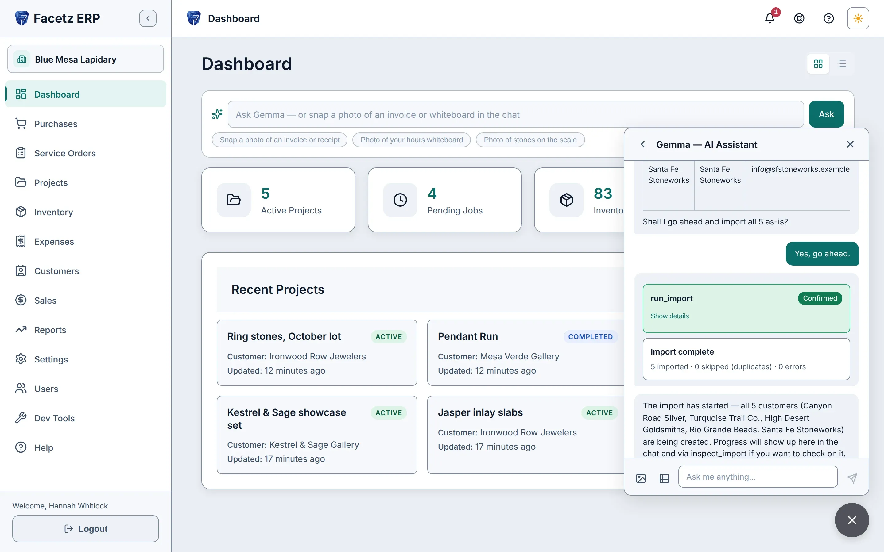 Gemma, the built-in assistant, importing a customer spreadsheet from the chat panel.