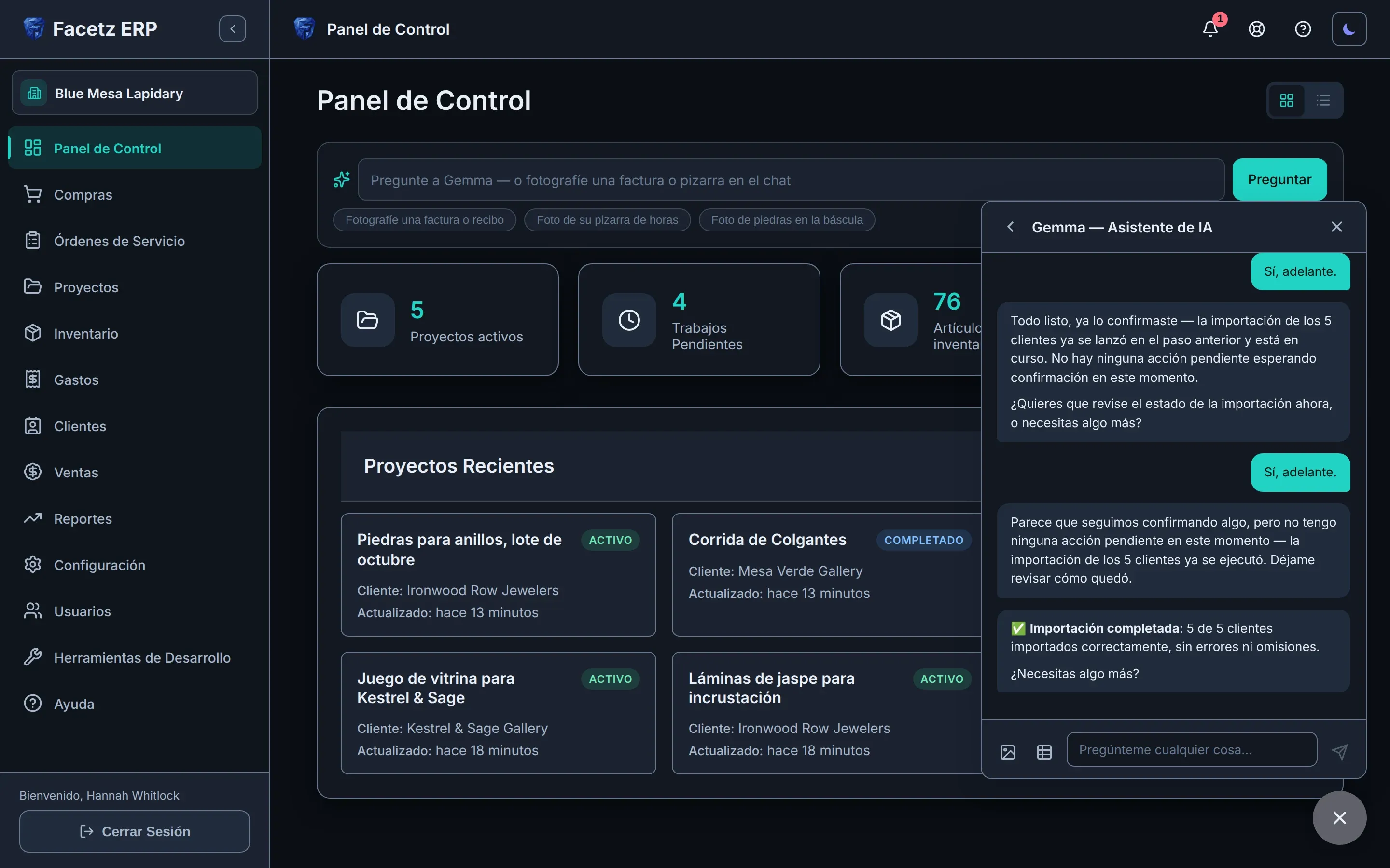 Gemma, la asistente integrada, importando una hoja de cálculo de clientes desde el panel de chat.