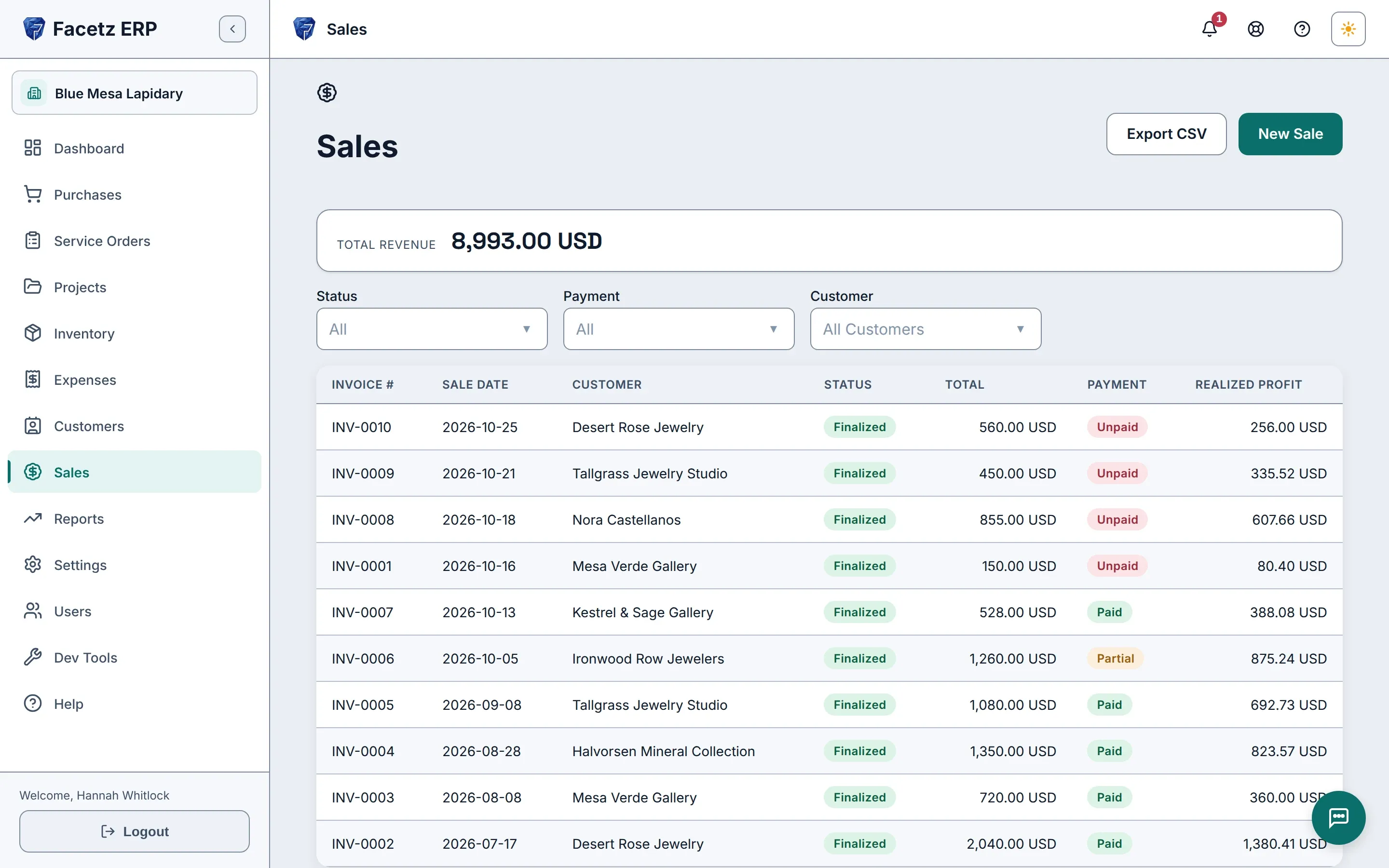 The sales list: finalized invoices with their totals, payment status and realized profit.