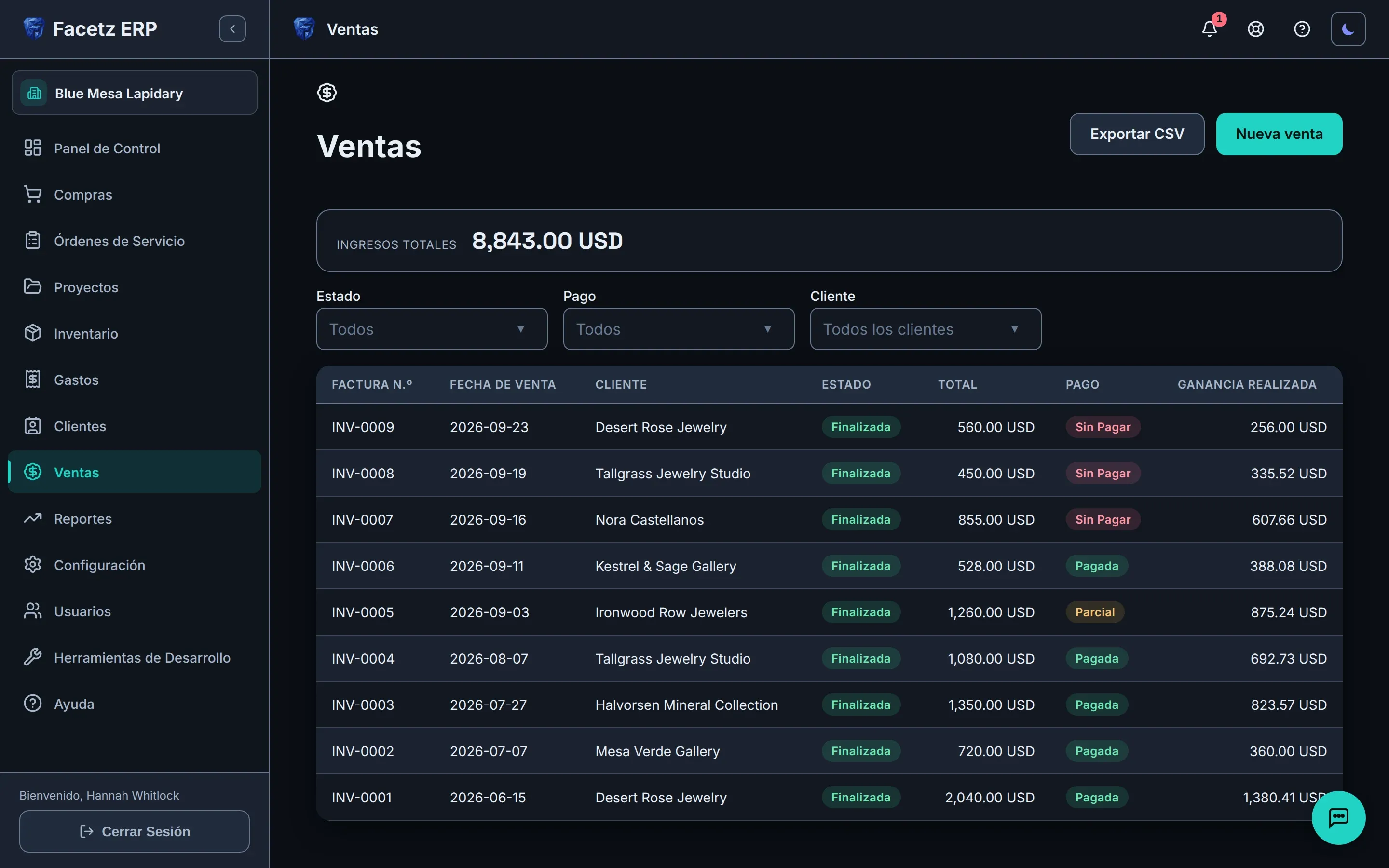 La lista de ventas: facturas finalizadas con sus totales, estado de pago y ganancia realizada.