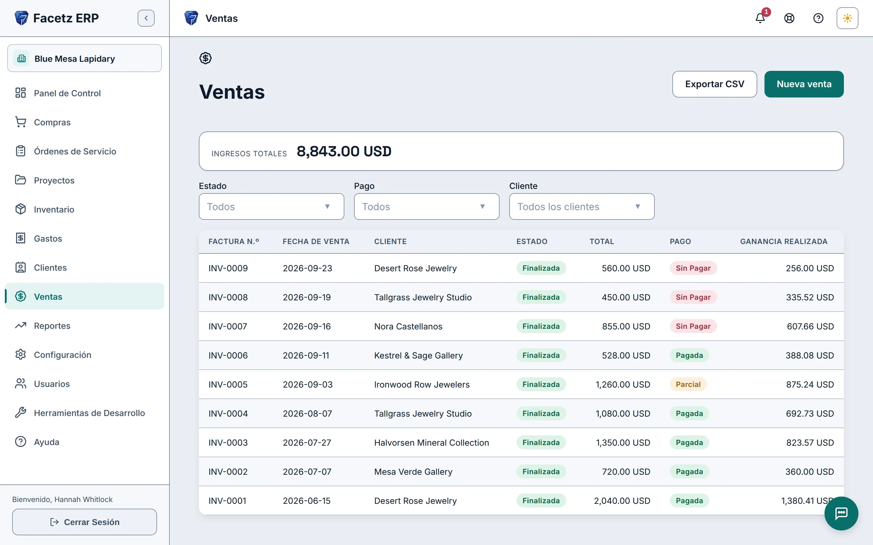 La lista de ventas: facturas finalizadas con sus totales, estado de pago y ganancia realizada.