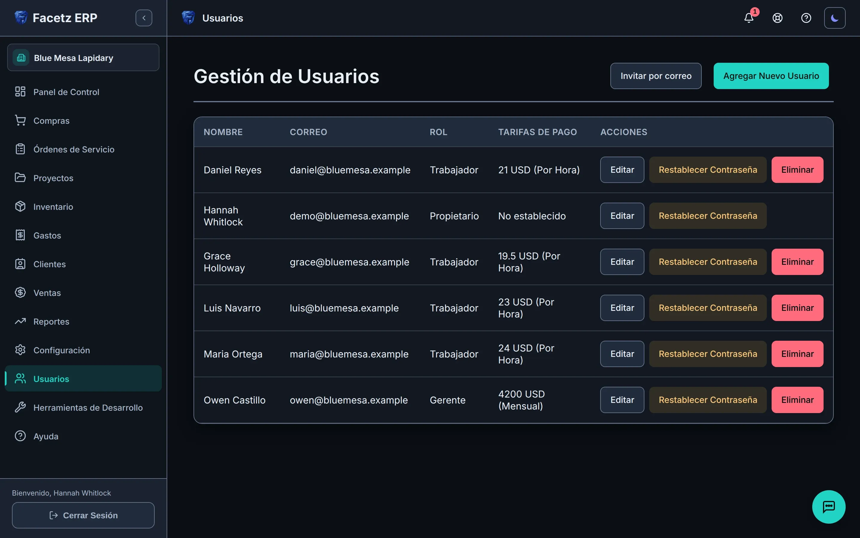 La página de Usuarios: el equipo con sus roles y tarifas de pago.