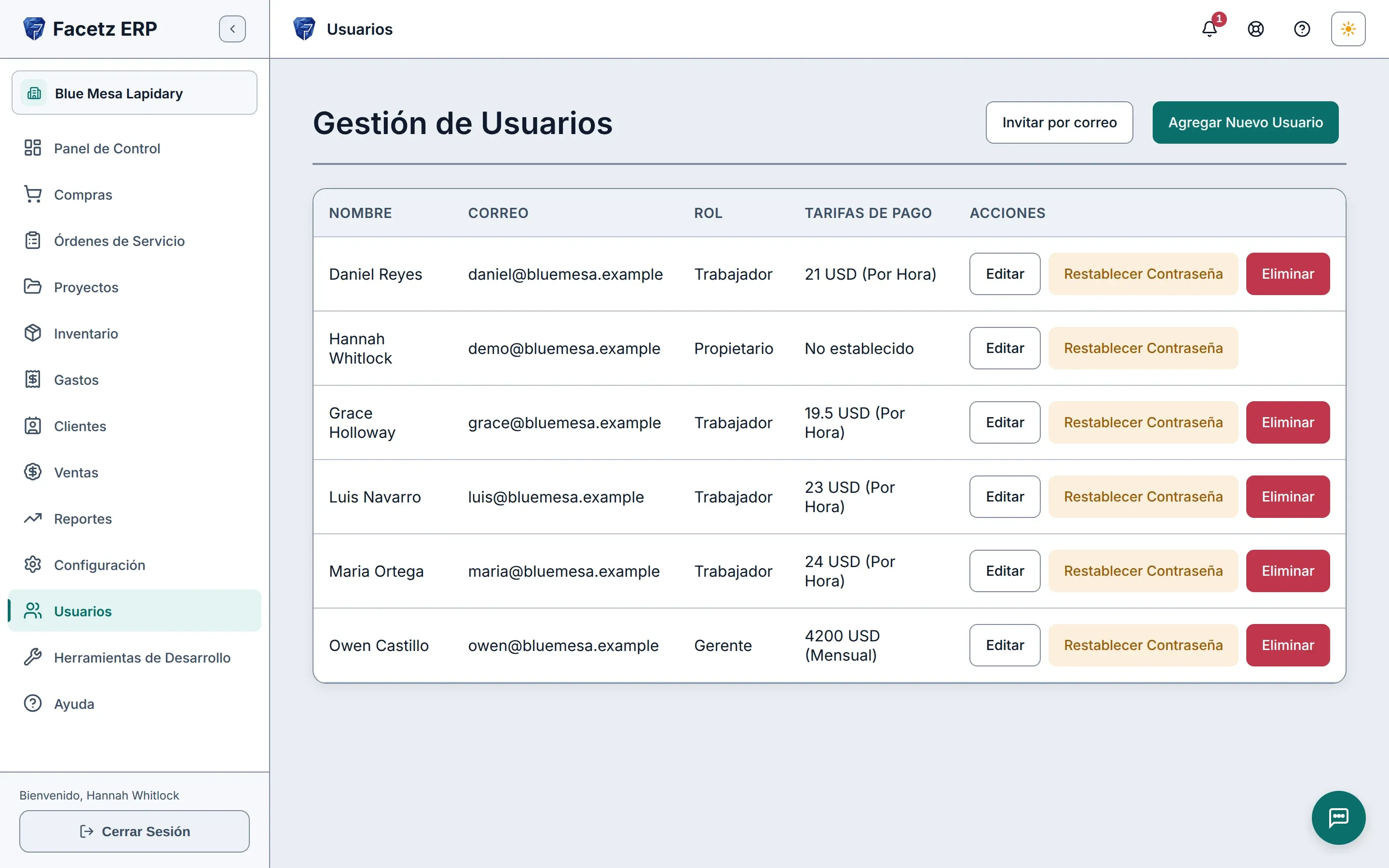 La página de Usuarios: el equipo con sus roles y tarifas de pago.